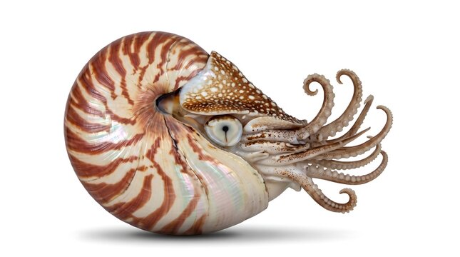 A detailed side view of a chambered nautilus shell with tentacles on white background.