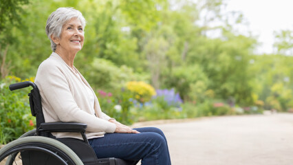 Fototapeta premium Senior female figure with short gray hair sitting in wheelchair outdoors, smiling in peaceful garden setting