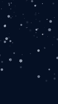 Vertical deep blue winter night falling snow effect, 4k isolated magical snowflake animation mobile portrait video design element