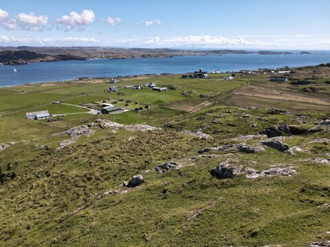 Iona Abbey and Village from the Hill, Isle of Iona, looking to Fionnphort and the Mull Hills, Scotland