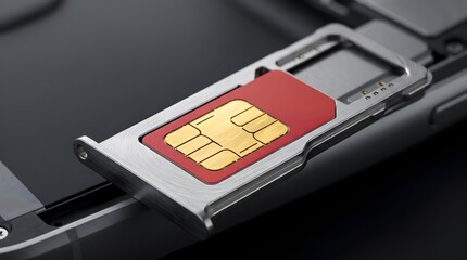 Close up of a red mobile SIM card with gold electronic chip in a metallic tray for smartphone connectivity and telecommunication commercial technology abstract concept © Wankatsu