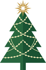 Fototapeta premium Stylized green christmas tree with gold starburst topper and cream garland