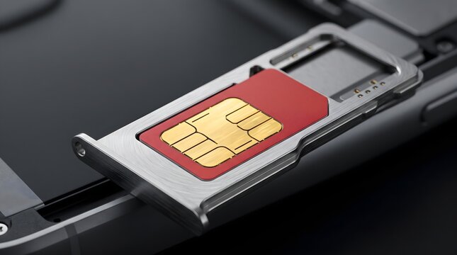 Close up of a red mobile SIM card with gold electronic chip in a metallic tray for smartphone connectivity and telecommunication commercial technology abstract concept