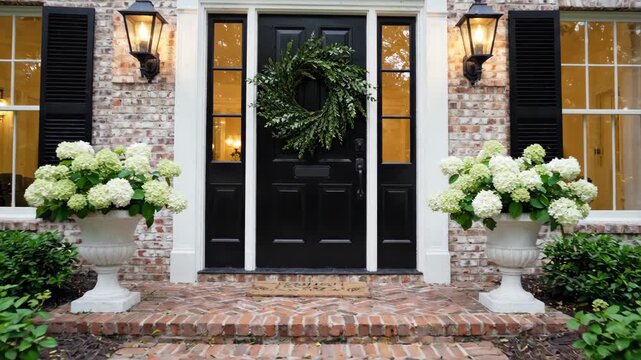 Elegant Home Entrance with Black Door and Floral Urns.