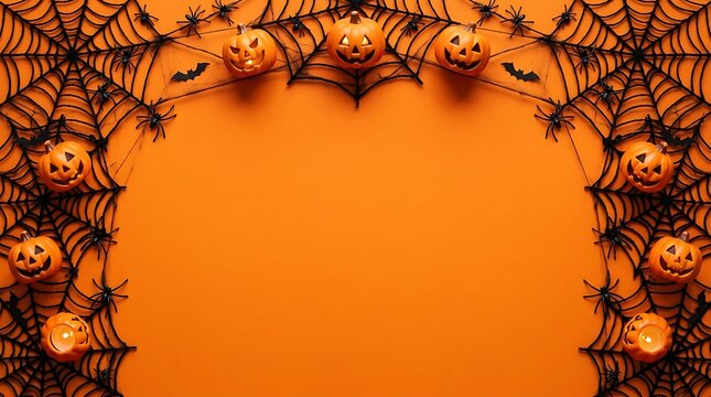 Halloween background with a decorative border of small pumpkins and spider webs on a bright orange surface