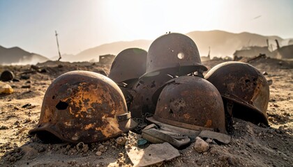 Naklejka premium Heap of Rusty, Dilapidated Military Helmets Scattered on Sandy Ground, Evoking Past Conflicts and Abandoned Battlefields