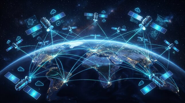 Global satellite internet communication network connecting Earth from space
