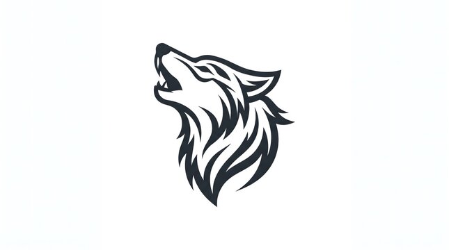 Stylized vector illustration of a wolf head profile howling upward, designed in a clean black and white minimalist line art style suitable for logos, tattoos, or mascot branding.