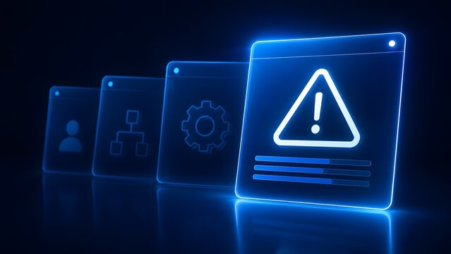 Neon Glowing Browser Windows Showing Warning Alert System Settings and Network Structure