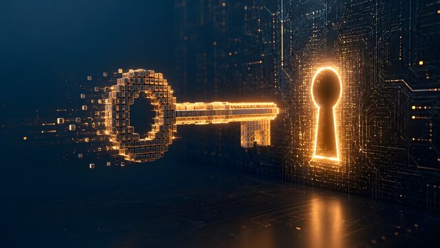 Digital data access and blockchain security concept showing a glowing orange key made of flying cubic pixels approaching a bright keyhole on a dark technological background.