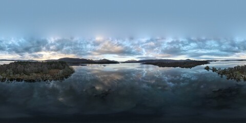 Winter Sunset off the Western Tip of Inchmoan, Golden Ben Lomond in the Distance, Loch Lomond - Paddleboarders Paradise, Scotland - 360 Degree Panorama © David