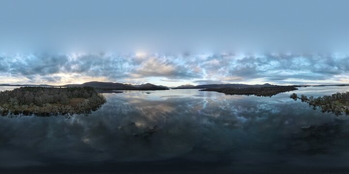 Winter Sunset off the Western Tip of Inchmoan, Golden Ben Lomond in the Distance, Loch Lomond - Paddleboarders Paradise, Scotland - 360 Degree Panorama