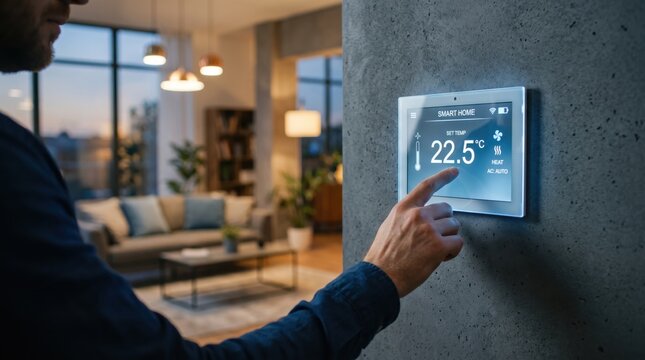 Man adjusting smart home thermostat on concrete wall, controlling temperature settings for heating and cooling system in modern living room interior.