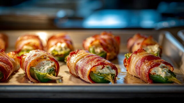 Close-up of baked jalape?os stuffed with creamy filling and wrapped in crispy bacon on a metal baking sheet