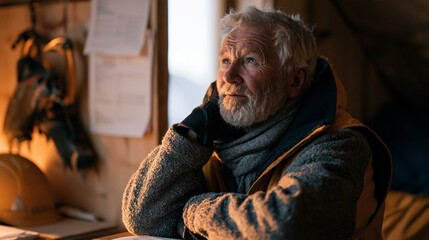 Obraz premium Elderly crane operator squints upward through a candlelit site office window, ice climbing crampons hanging on the wall beside permit documents, weathered face bathed in