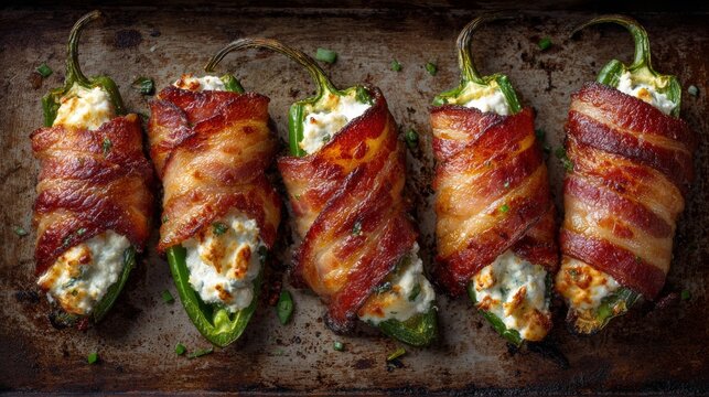 Five jalape?os stuffed with creamy cheese, wrapped in crispy bacon, on a dark, textured baking sheet
