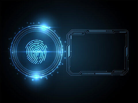 Futuristic digital fingerprint scanner interface and HUD tech border frame graphic illustration on dark blue background