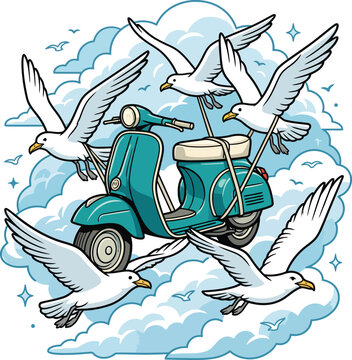 Teal vintage scooter carried through fluffy clouds by friendly seagulls on transparent background