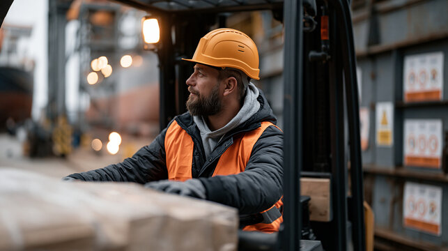 Forklift operator captured over the shoulder view guiding a loaded pallet beside shipyard vessel construction scaffolding industrial interior dock lighting illuminating the