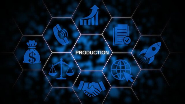 Digital business production concept with hexagonal infographic and animated network connections strategy