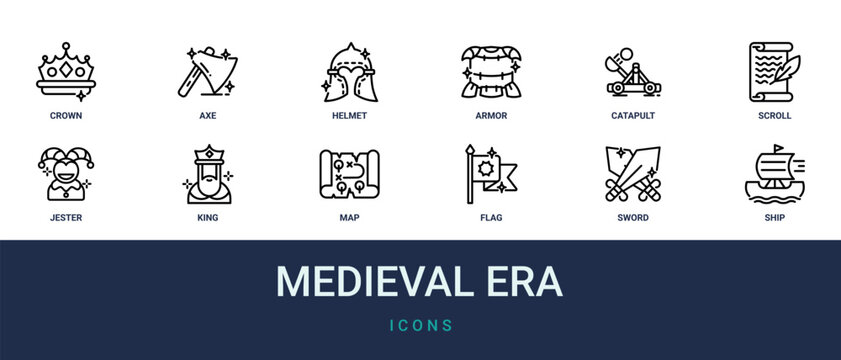 Set of 12 outline web Medieval Era icons such as ship, sword, flag, map, king, jester, scroll vector icons for report, presentation, diagram, web design, mobile app