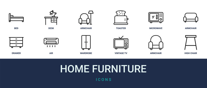 Set of 12 outline web Home Furniture icons such as high chair, armchair, vintage tv, wardrobe, air conditioner, drawer, armchair vector icons for report, presentation, diagram, web design, mobile app