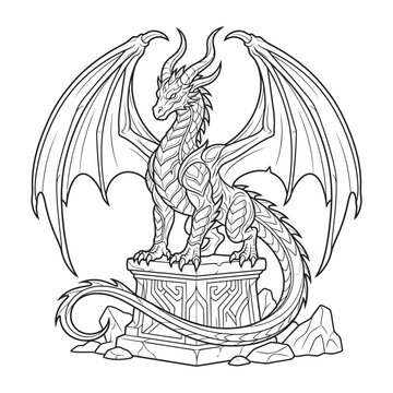 Majestic Dragon Perched on a Stone Pedestal Line Art.