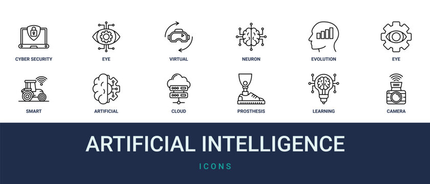 Set of 12 outline web Artificial Intelligence icons such as camera, learning, prosthesis, cloud computing, artificial intelligence, smart, eye vector icons for report, presentation, diagram, web