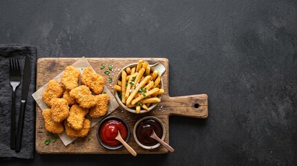 Fototapeta premium Chicken Nuggets and French Fries Flat Lay