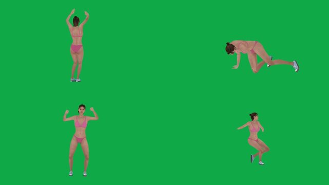 3d animated cartoon animation nude female character in active poses on green screen chromakey background. Animated naked woman performing dynamic movements perfect for fitness and body art videos.