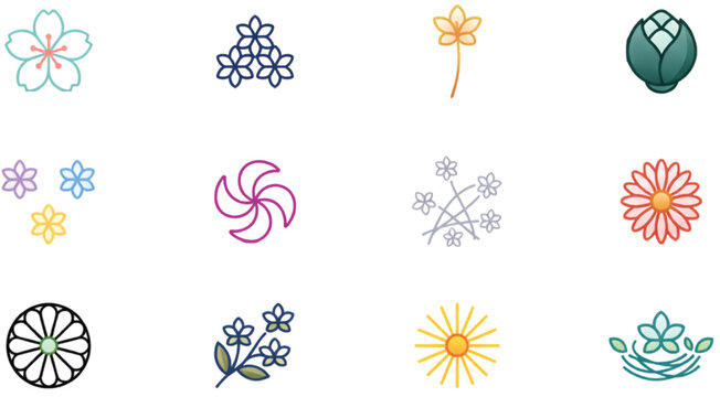 Floral nature and botanical icon set featuring blossom bloom petals leaves garden symbols and decorative plants vector illustration