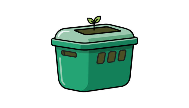 Green compost bin with a small plant sprout growing from the lid