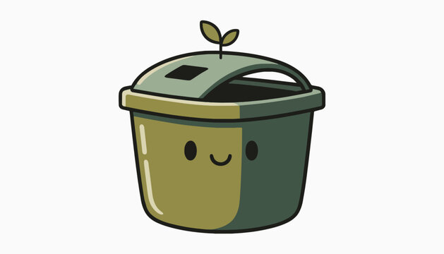 Happy green compost bin character with small leaf sprout