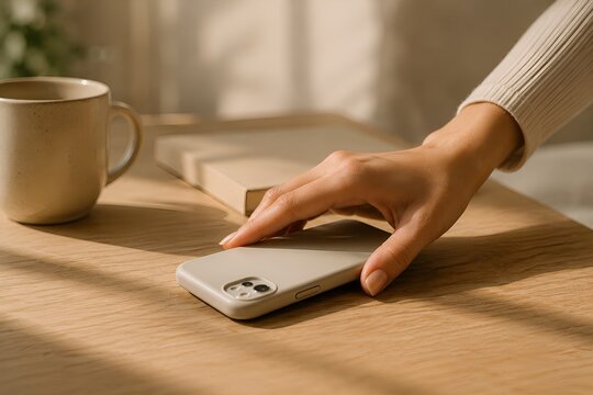 Close-up of a woman's hand turning a smartphone face down on a natural wooden table, choosing to disconnect from technology and focus on the present moment.