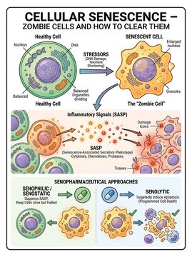 Diagram of cellular senescence process and senolytic treatments
