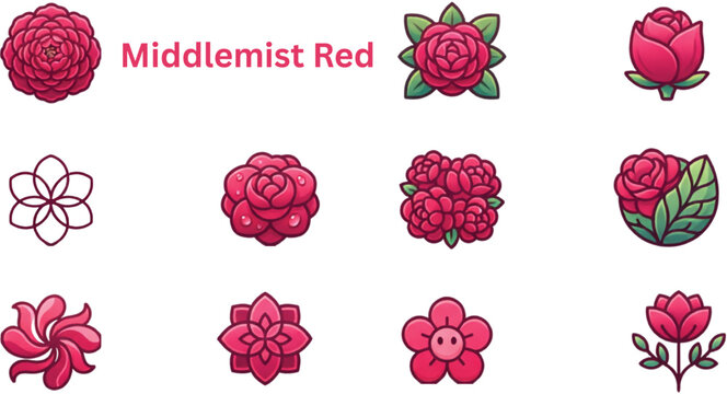 Middlemist red flower icon set featuring rare botanical blooms floral symbols buds and ornamental plant elements vector illustration