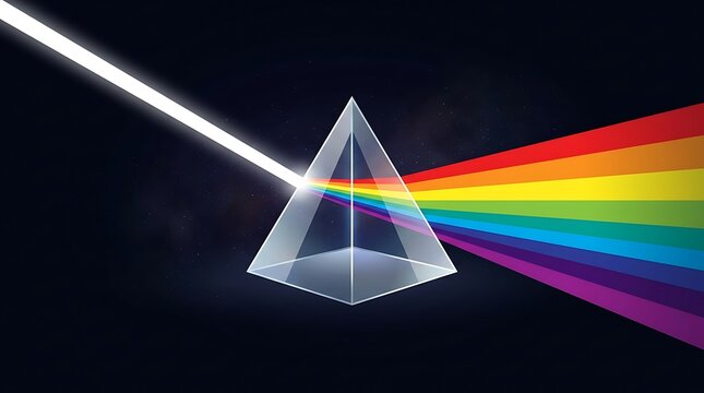 Light beam dispersing through a glass prism into a rainbow spectrum