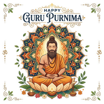 Guru Purnima celebration with meditating guru and mandala art
