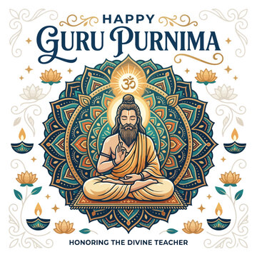 Guru Purnima Celebration - Indian Sage Meditating, Mandala, Lotus, Lamps