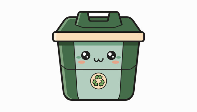 Cute green compost bin with a happy kawaii face and recycle symbol