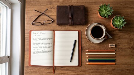 Naklejka premium Workspace Desk Flat Lay with Notebook and Coffee