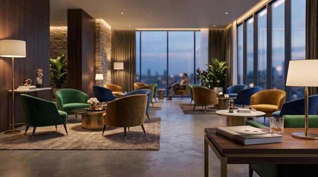 Luxurious hotel lounge interior with modern armchairs and city views