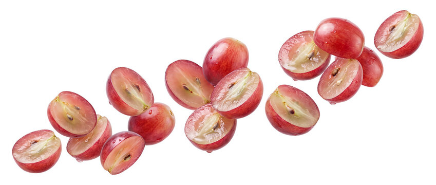 Sliced red grapes floating isolated on transparent background