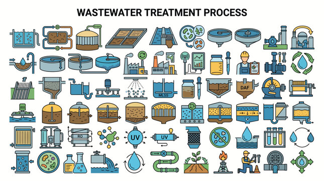 Set of Wastewater Treatment Icons for Sewage Purification Water Recycling Plant Filtration System Environmental Engineering Line Graphics
