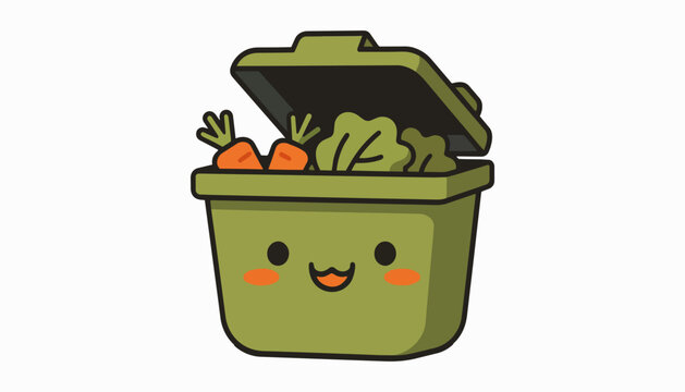 Smiling green compost bin with vegetable scraps