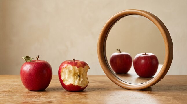 Red Apples with Mirror Reflection Concept on Wooden Table