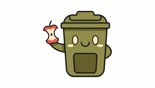 Cute green compost bin character holding an apple core