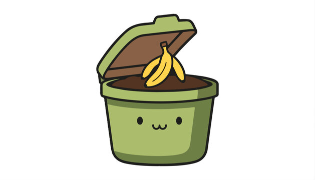 Cute green compost bin character with a yellow banana peel
