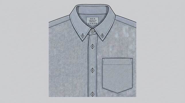 Technical drawing of a blue button down denim shirt with pocket