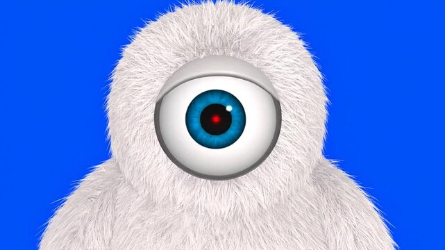 A fluffy white creature with one large blue eye stares forward